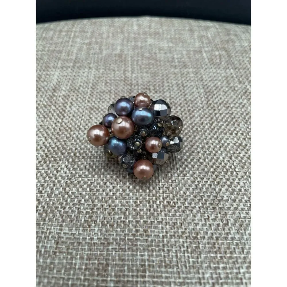 Vintage Beaded Wire Wrapped Pearl Mixed Beaded Cluster Ring Adjustable Sz 7.5